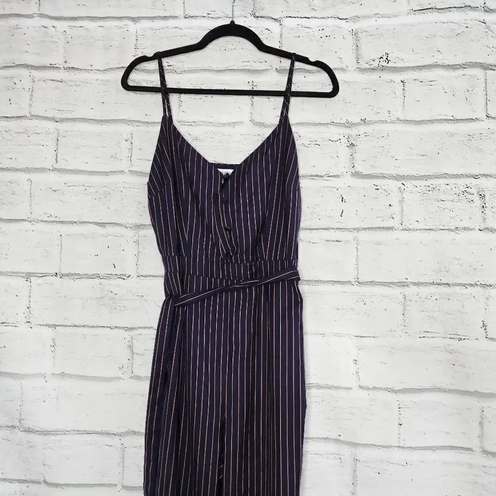 Cupcakes & Cashmere Bonita Pinstripe Front Tie Waist Jumpsuit Blue Tan Small